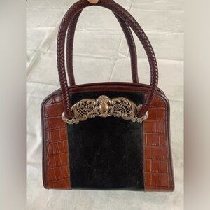 Vintage Brighton Chantilly Satchel Handbag Black Leather Brown Croc